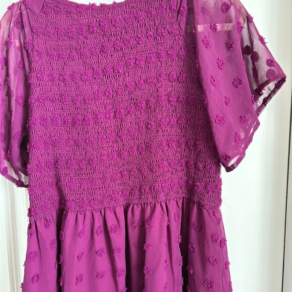 Womens Smocked Short Sleeve V Neck Mini Dress Summer Swiss Dot Flowy Short Dress - Picture 4 of 4